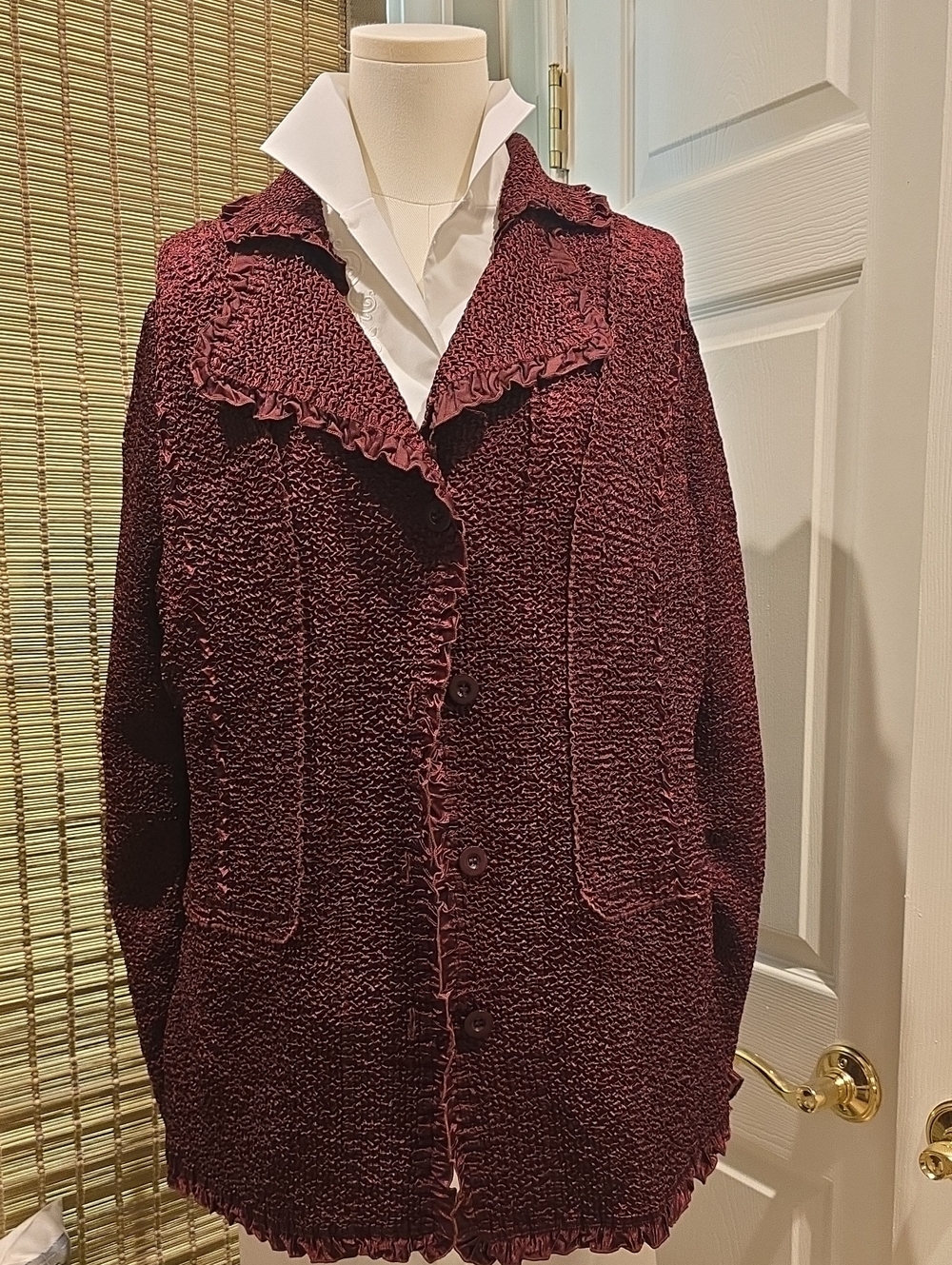 Women's Ruffle-Trim Button Cardigan Sweater - Burgundy